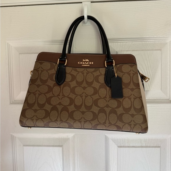 LIKE NEW!!! Coach Tan/Brown Signature Satchel with Black Trim - Picture 2 of 9